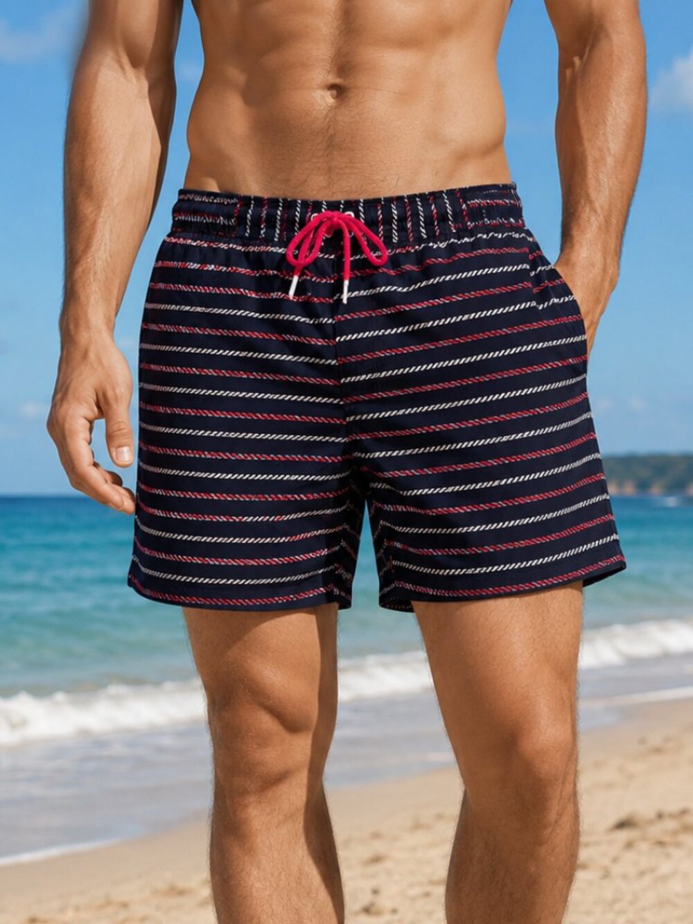Land's End Men's Swim Trunks Size M Navy Red Rope Print Mesh Lined Board Shorts